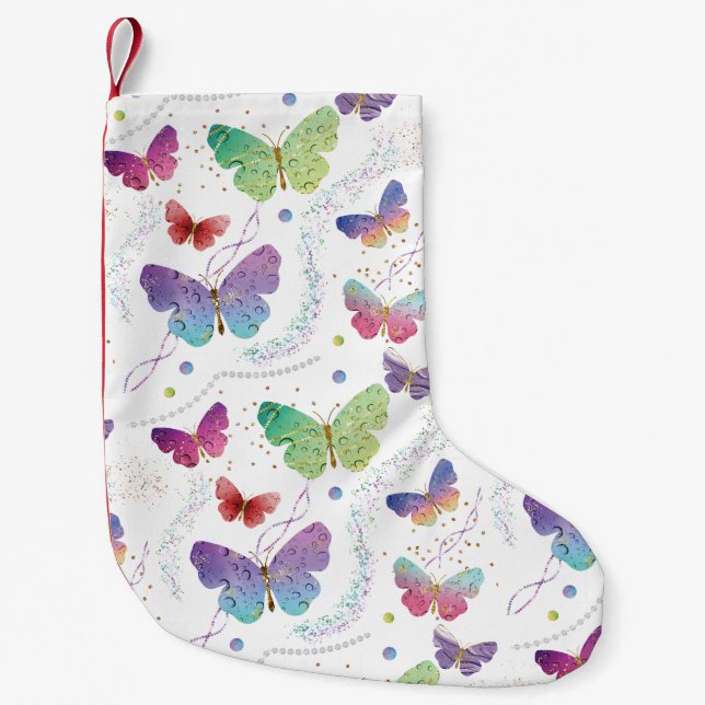 Petite Chaussette De Noël Élégant Papillons violets et bleus brillants (Devant)
