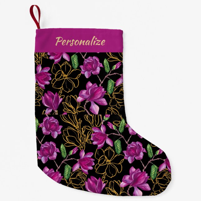 Petite Chaussette De Noël Elegant Purple and Gold Magnolia Flowers Christmas (Devant)