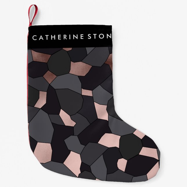 Petite Chaussette De Noël Elégant rose or gris et mosaïque noire (Devant)