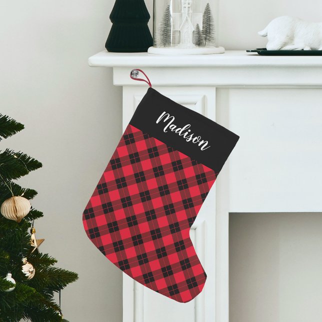 Petite Chaussette De Noël Élégant Rouge et Noir Plaid Personnalisé (Créateur téléchargé)