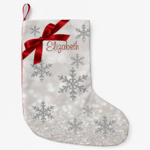 Petite Chaussette De Noël Élégant Snowflakes, Bow rouge, Glitterie - Personn