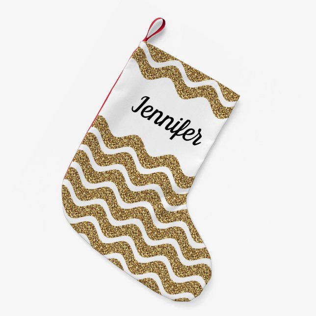 Petite Chaussette De Noël Elégante Parties scintillant Or Blanc Chevron Stri (Devant (Accrochage))
