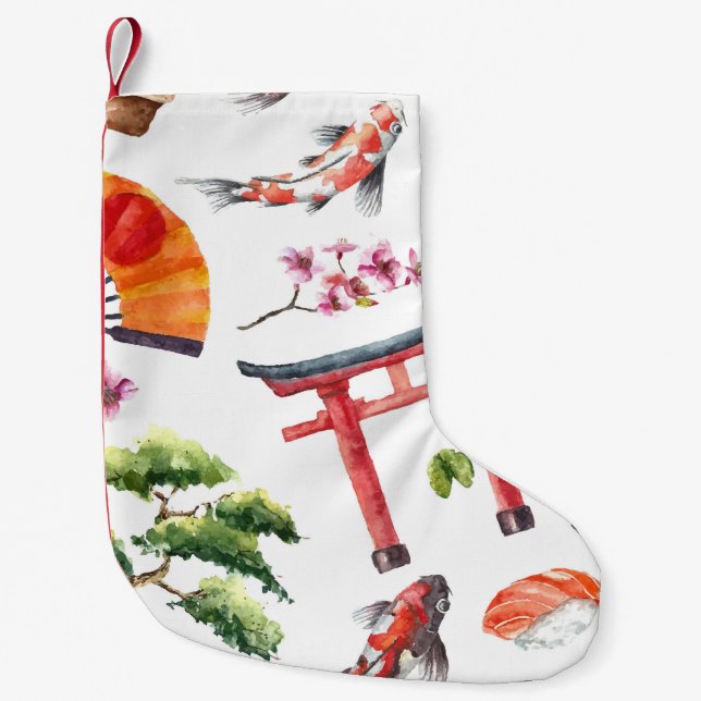 Petite Chaussette De Noël Éléments japonais Aquarelle texture transparente (Devant)