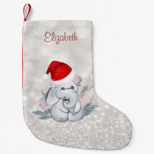 Petite Chaussette De Noël Eléphant Bébé Avec Chapeau De Père Noël, Fleurs, B
