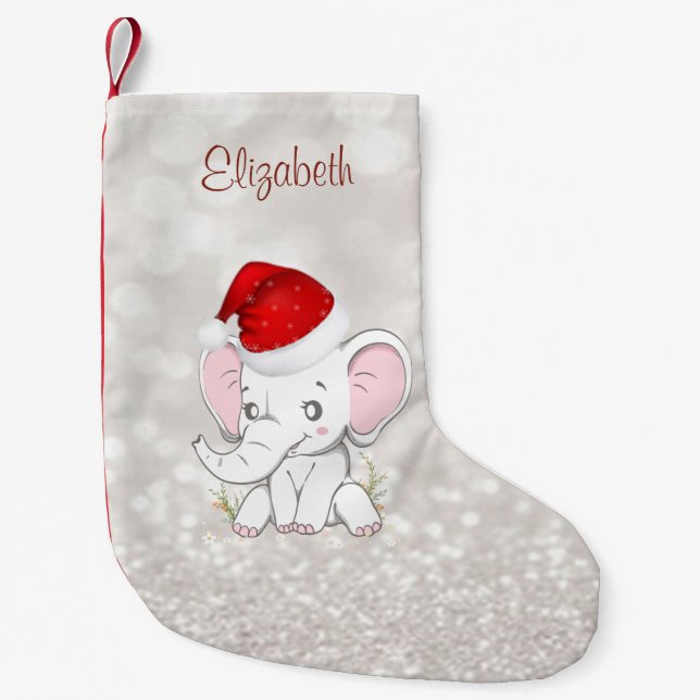 Petite Chaussette De Noël Elephant Bébé Avec Chapeau De Père Noël, Glittery  (Devant)