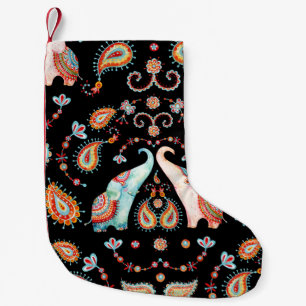 Petite Chaussette De Noël Eléphant tribal : Motif aquarelle Paisley.