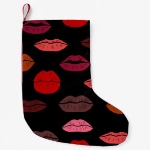 Petite Chaussette De Noël Empreinte de lèvres, baisers rose rouge.