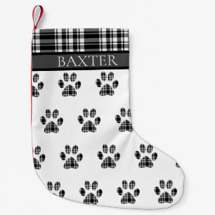 Petite Chaussette De Noël Empreinte de patte de chien Tartan noir et blanc P
