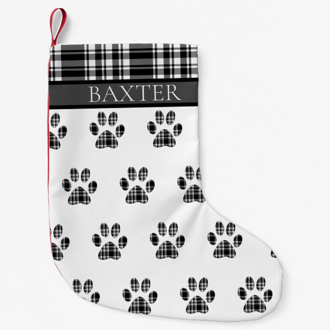 Petite Chaussette De Noël Empreinte de patte de chien Tartan noir et blanc P (Devant)