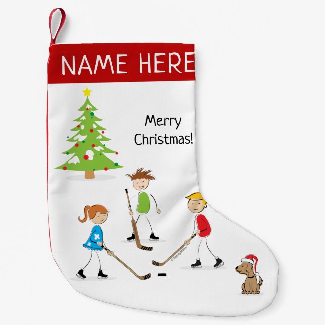 Petite Chaussette De Noël Enfants personnalisés jouant au hockey en étang (Devant)