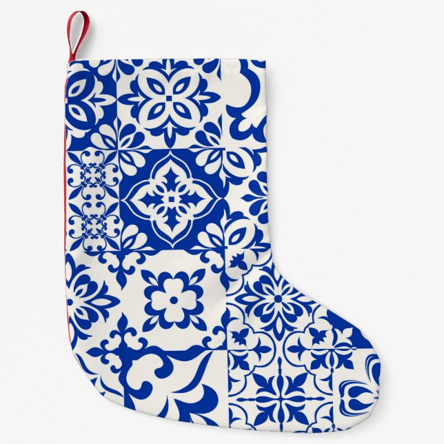 Petite Chaussette De Noël Ensemble de 16 azulejos en bleu, blanc. Original (Devant)