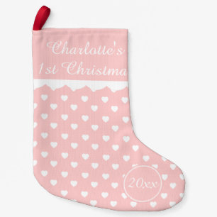 Petite Chaussette De Noël Ęr Noël de coeurs roses et blancs personnalisé