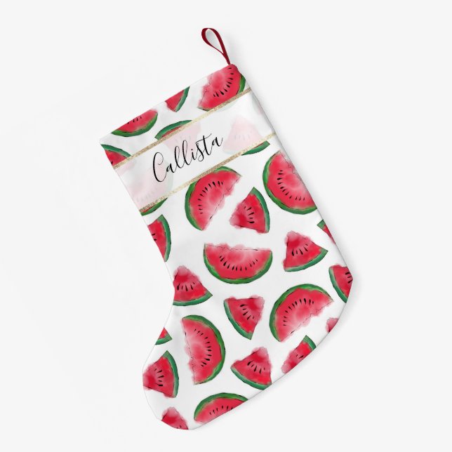 Petite Chaussette De Noël Eté Rouge Vert pastèque Motif d'aquarelle (Dos (Accrochage))