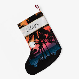 Petite Chaussette De Noël Été Tropical Pink Orange Palm Trees coucher du sol