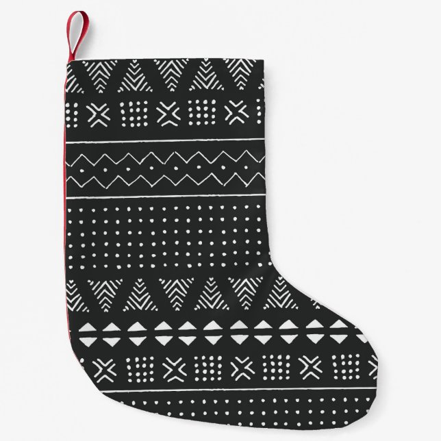Petite Chaussette De Noël Ethnie tribale : motif noir blanc. (Devant)