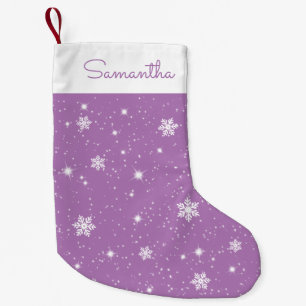 Petite Chaussette De Noël Étoiles de neige violet blanc Motif avec nom