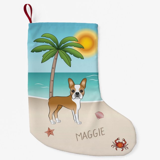 Petite Chaussette De Noël Fawn Boston Terrier À Une Plage Tropicale D'Été (Devant)