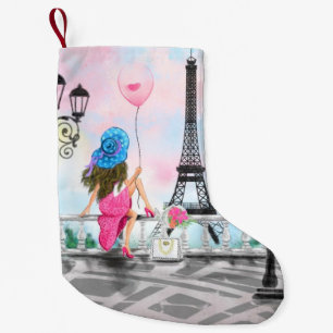 Petite Chaussette De Noël Femme À Paris Noël Se Récipiendant Tour Eiffel