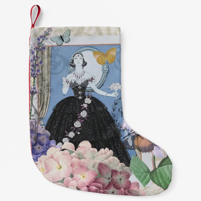 Petite Chaussette De Noël Femme élégante bleue Robe fantaisie florale  (Devant)
