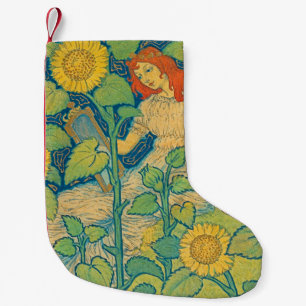 Petite Chaussette De Noël Femme-fille de fleurs dans le jardin de tournesol