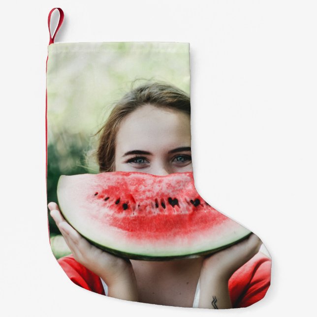 Petite Chaussette De Noël Femme tenant une pastèque tranchée (Devant)