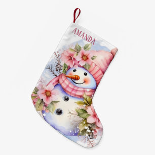 Petite Chaussette De Noël Festive rose neigeuse ajouter nom