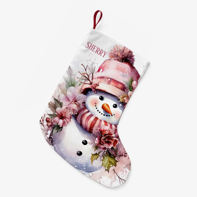 Petite Chaussette De Noël Festive rose neigeuse ajouter nom (Devant (Accrochage))