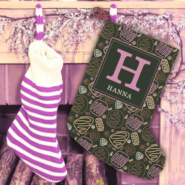 Petite Chaussette De Noël Festive rose une ligne Motif artistique Monogramme (Créateur téléchargé)