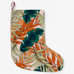 Petite Chaussette De Noël Feuille vert tropical beige, motif sans soudure.