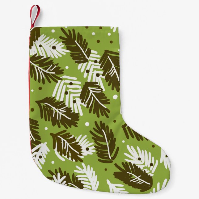 Petite Chaussette De Noël Feuilles blancs verts : Motif conifère (Devant)