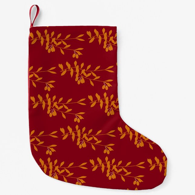 Petite Chaussette De Noël Feuilles de branches de silhouette orange sur roug (Devant)