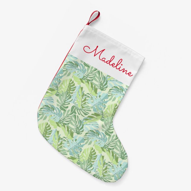 Petite Chaussette De Noël Feuilles du Pastel Tropical Palm| Ajouter votre no (Devant (Accrochage))