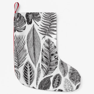 Petite Chaussette De Noël Feuilles exotiques, vintage floral noir et blanc.