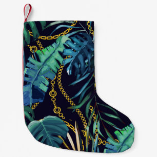 Petite Chaussette De Noël Feuilles tropicaux, chaînes d'or, sans soudure.