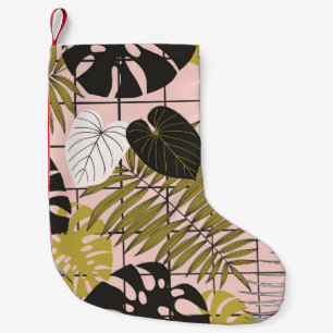 Petite Chaussette De Noël Feuilles tropicaux, fleurs, motif peint à la main.