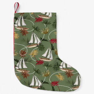 Petite Chaussette De Noël feuilles tropicaux vintages, bateau et corde à voi