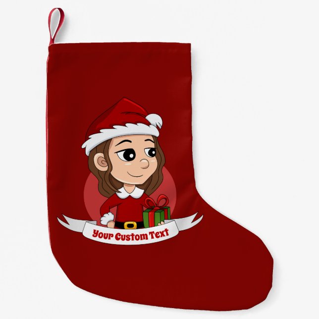 Petite Chaussette De Noël Fille de Noël aux cheveux bruns ondulés (Devant)