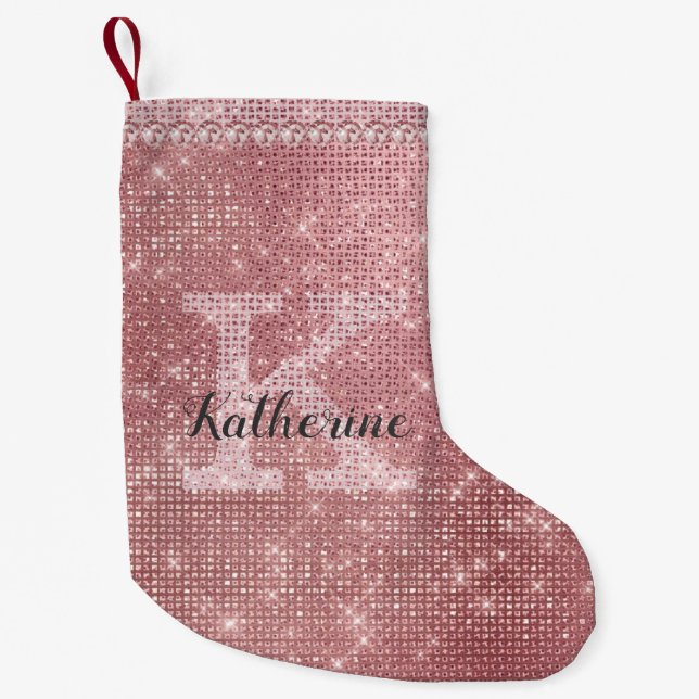 Petite Chaussette De Noël Fille Dusty Rose Gold Sparkle Fun Monogramme de va (Devant)