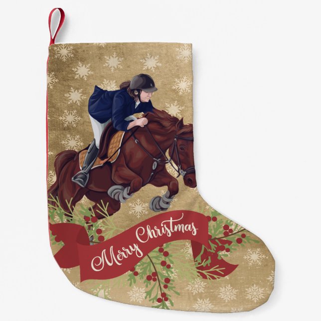 Petite Chaussette De Noël Fille et Cheval Joyeux Noël Golden (Devant)