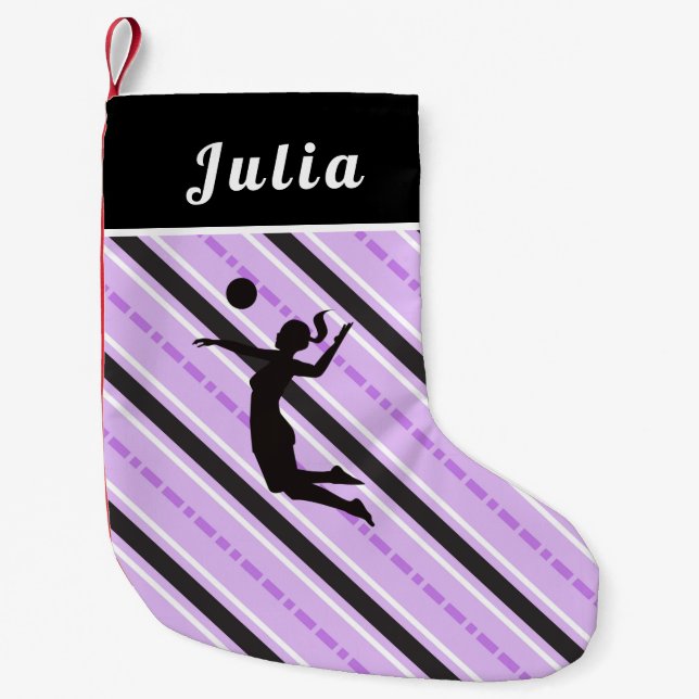 Petite Chaussette De Noël Fille Jouant Volleyball mignon rose rayé Son Nom (Devant)
