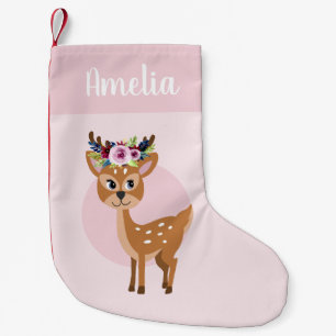 Petite Chaussette De Noël Filles Jolies fleurs roses Cerfs et noms Enfants