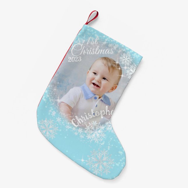 Petite Chaussette De Noël Flacons de neige brillants Bleu (Devant (Accrochage))