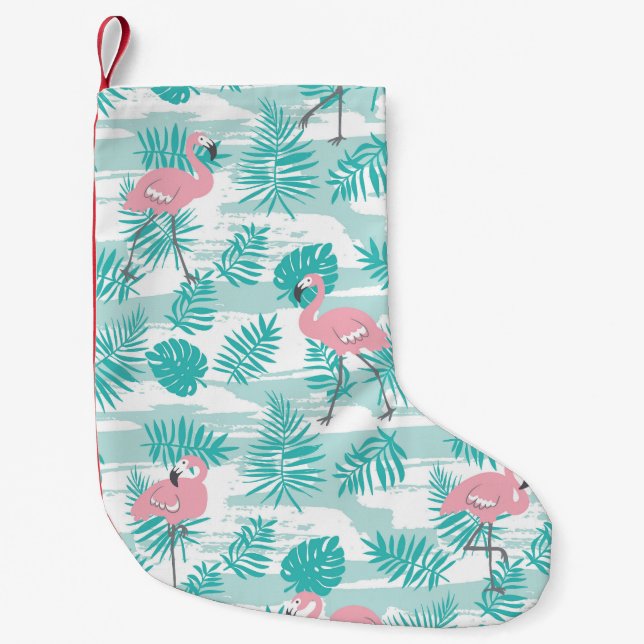 Petite Chaussette De Noël flamants roses, feuilles de palmiers verts, tropic (Devant)