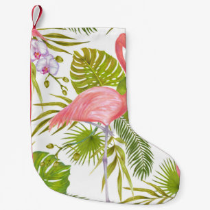 Petite Chaussette De Noël Flamants roses, orchidées : motif aquarelle.