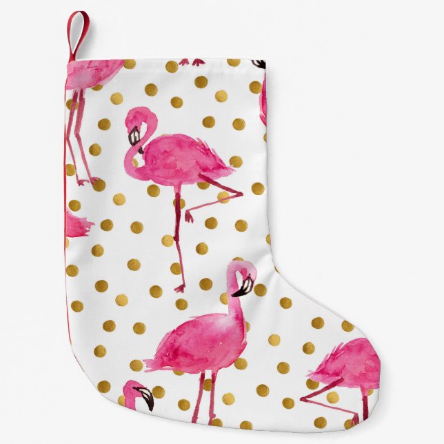 Petite Chaussette De Noël Flamants roses, points dorés, aquarelle. (Devant)