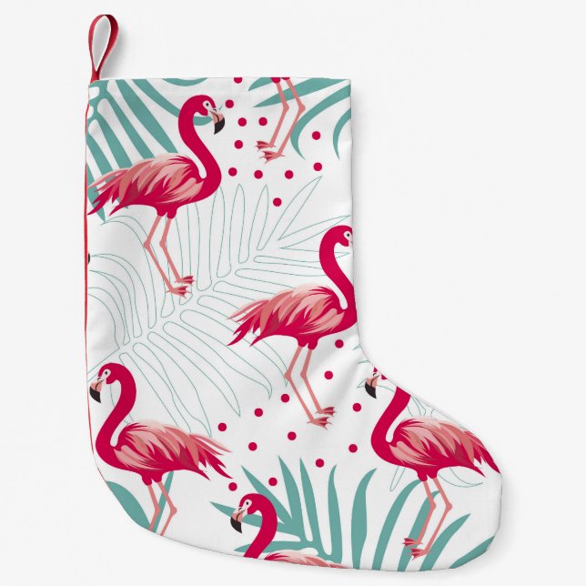 Petite Chaussette De Noël Flamingo tropical et feuille, motif d'été. (Devant)