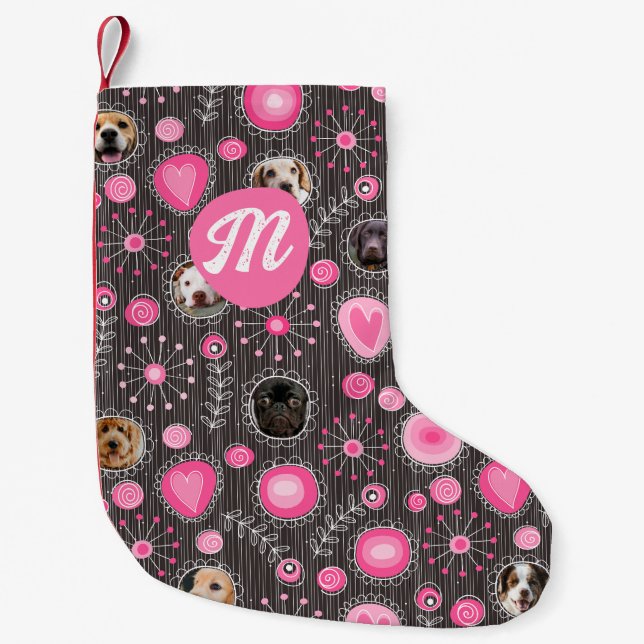 Petite Chaussette De Noël Fleur de coeur rose mignonne Monogramme Chien Phot (Devant)