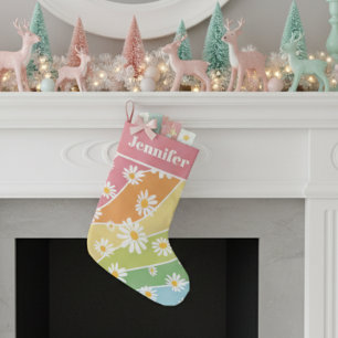 Petite Chaussette De Noël Fleur de marguerite rétro Pastel Stripes Monogramm