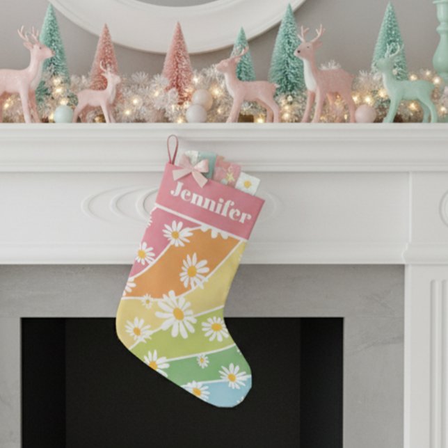 Petite Chaussette De Noël Fleur de marguerite rétro Pastel Stripes Monogramm (Créateur téléchargé)