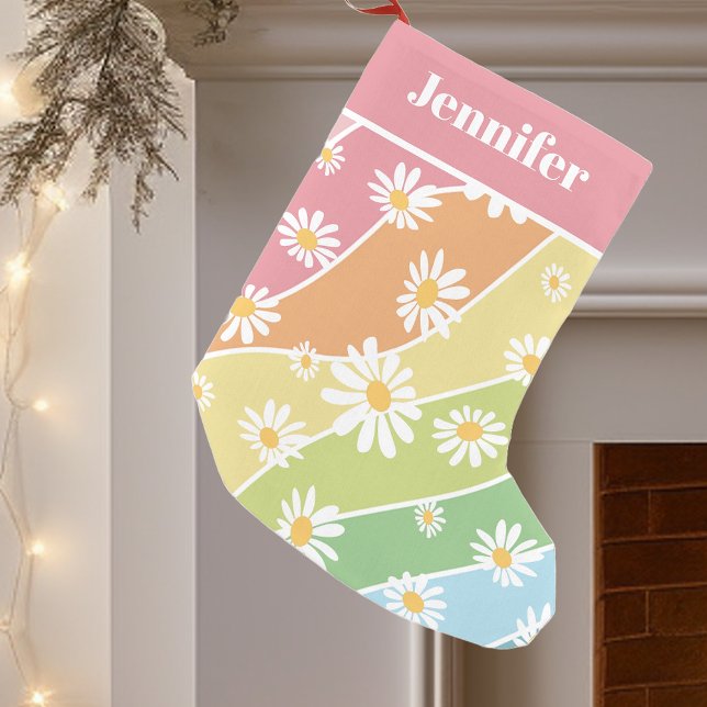 Petite Chaussette De Noël Fleur de marguerite rétro Pastel Stripes Monogramm (Créateur téléchargé)